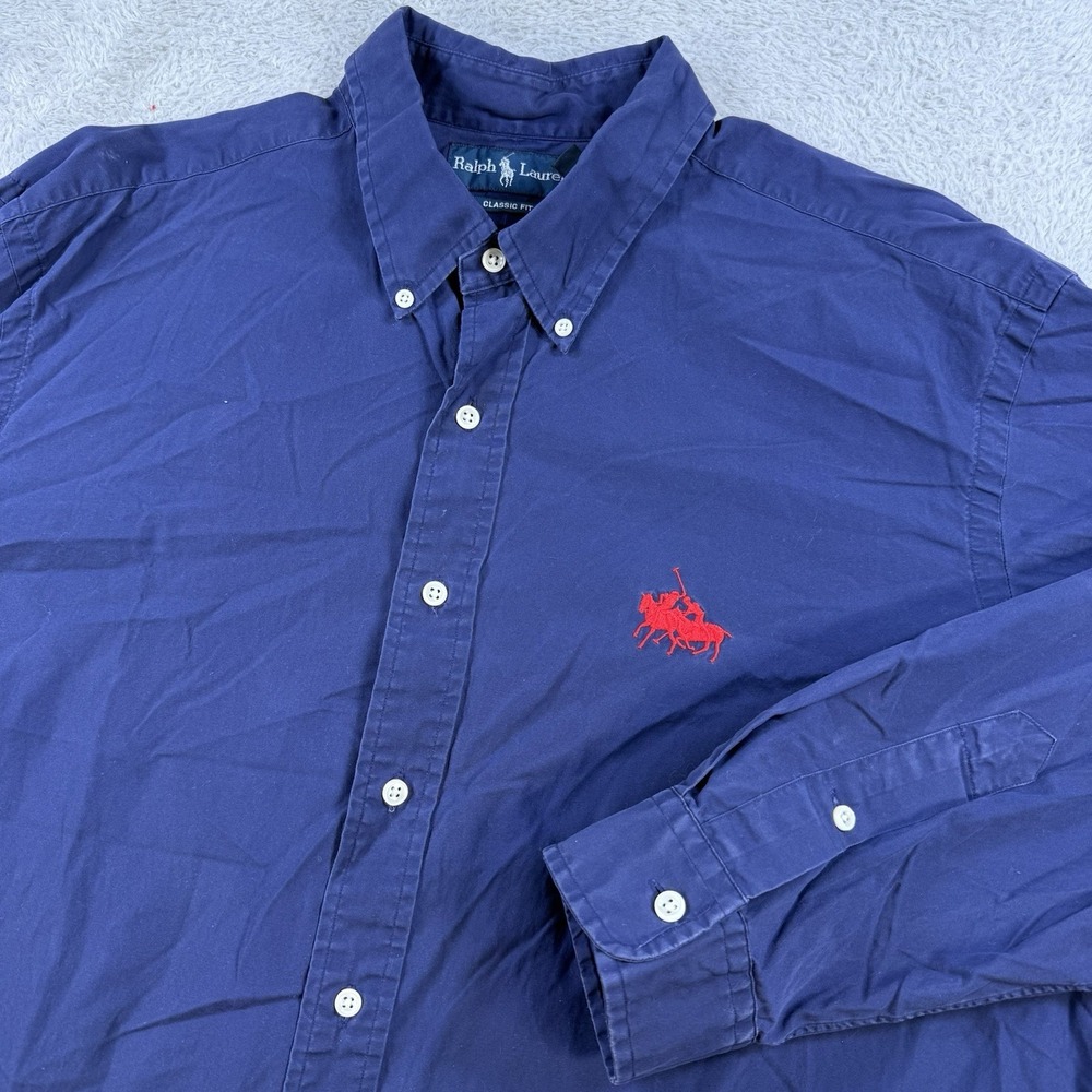 Polo Ralph Lauren Shirt Mens 2XL Navy Double Pony Jockey Long Sleeve Button Down